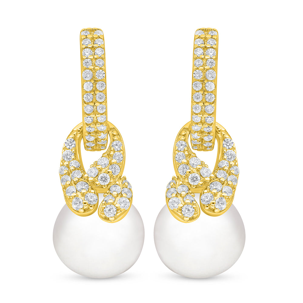 اقراط من الفضة الخالصة عيار 925 مطلية ذهبي مرصعة لولو ابيض طبيعي و فص ابيض