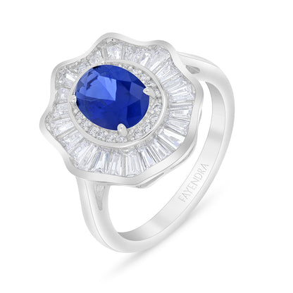 Sterling Silver 925 Ring Rhodium Plated Embedded With Sapphire Corundum And White Zircon