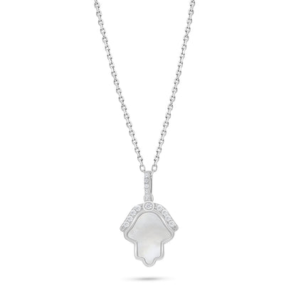 Sterling Silver 925 Necklace Rhodium Plated Embedded With White Shell And White Zircon