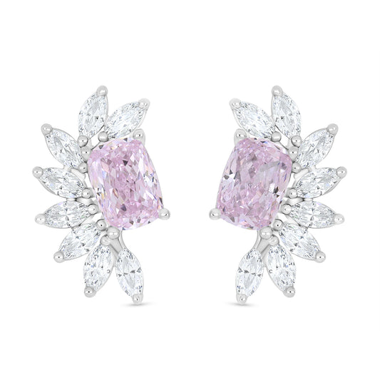 Sterling Silver 925 Earring Rhodium Plated Embedded With Pink Zircon And White Zircon