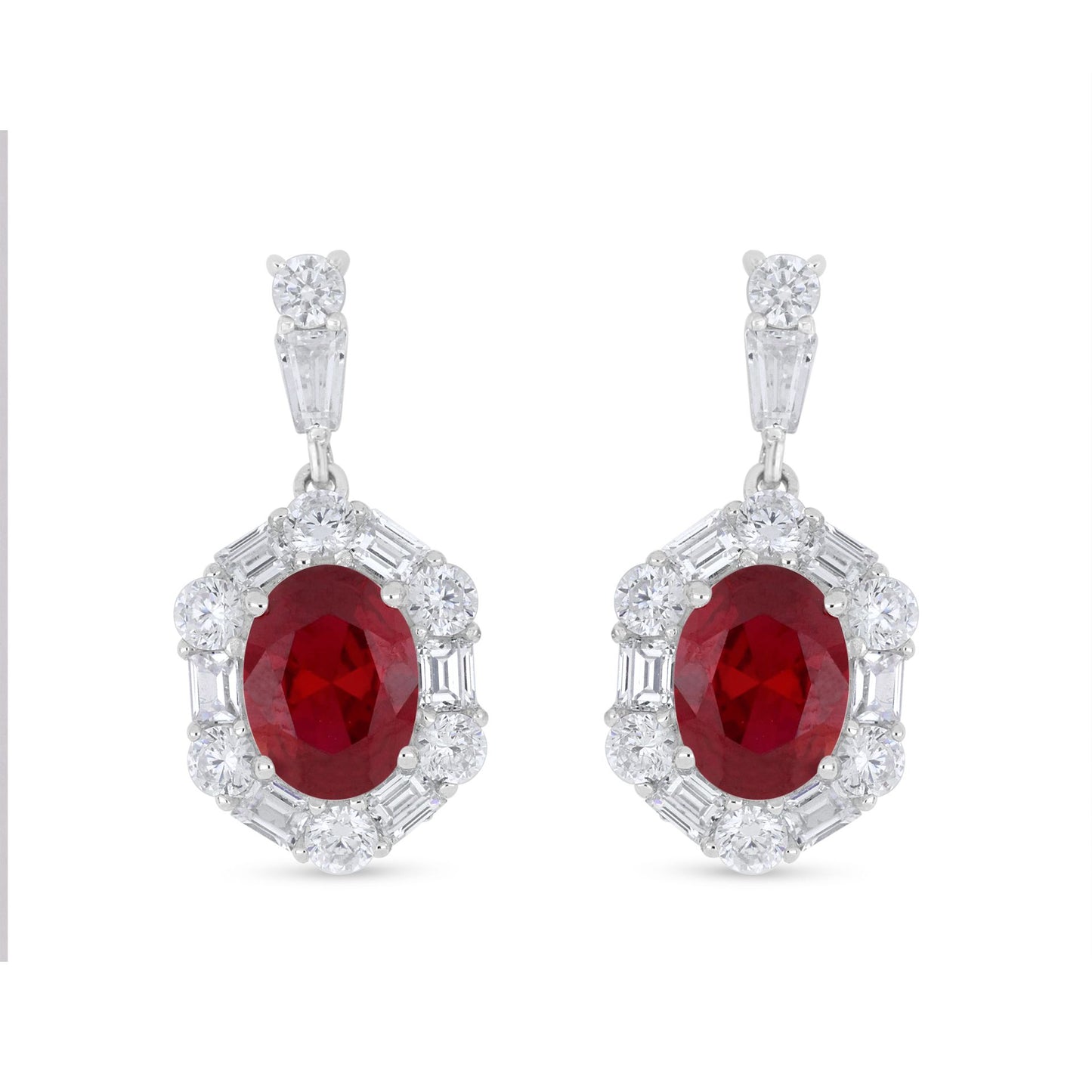 Sterling Silver 925 Earring Rhodium Plated Embedded With Ruby Corundum And White Zircon