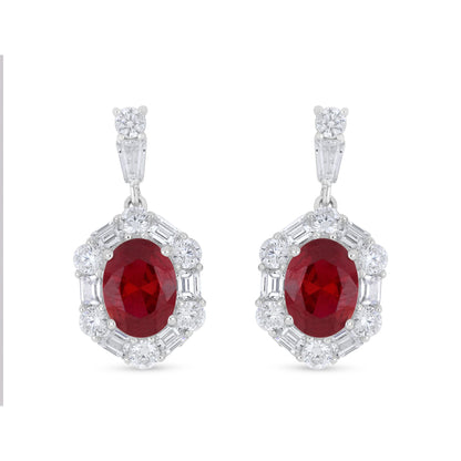 Sterling Silver 925 Earring Rhodium Plated Embedded With Ruby Corundum And White Zircon