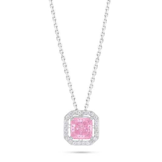 Sterling Silver 925 Necklace Rhodium Plated Embedded With Pink Zircon And White Zircon