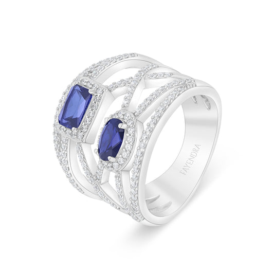 Sterling Silver 925 Ring Rhodium Plated Embedded With Sapphire Corundum And White Zircon