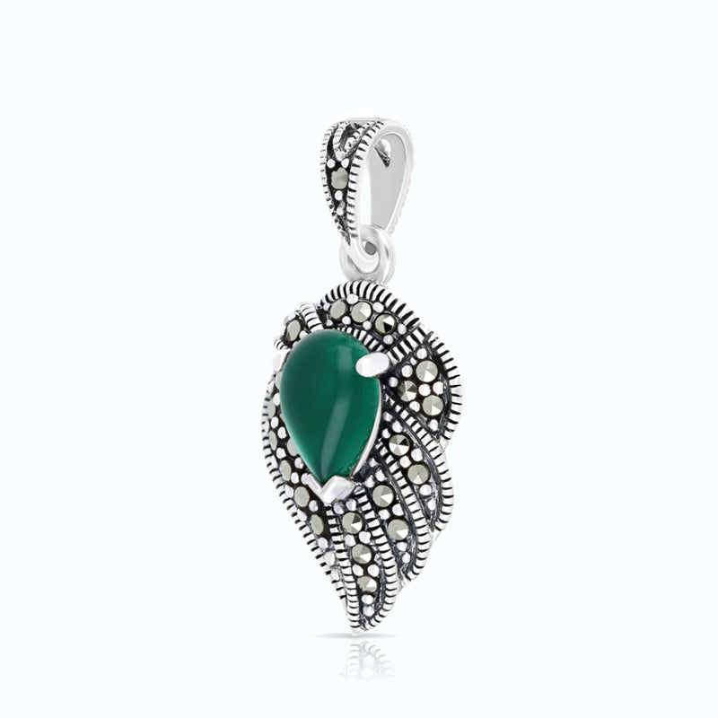 Sterling Silver 925 Pendant Embedded With Natural Green Agate And Marcasite Stones