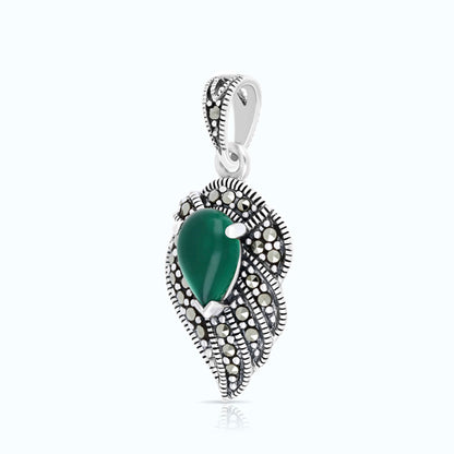 Sterling Silver 925 Pendant Embedded With Natural Green Agate And Marcasite Stones