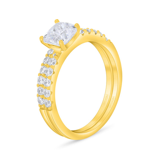 Sterling Silver 925 Ring (Twins) Golden Plated Embedded With White Zircon