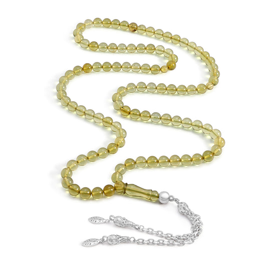 Rosary 100 Embedded With Natural Transparent Green Amber Round Beads 7 mm AndStainless Steel 316L (Silver & Black Plated)