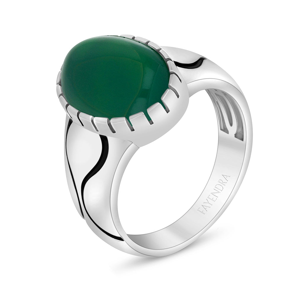 Sterling Silver 925 Ring Rhodium And Black Plated Embedded With Cabochon Green Agate For Men