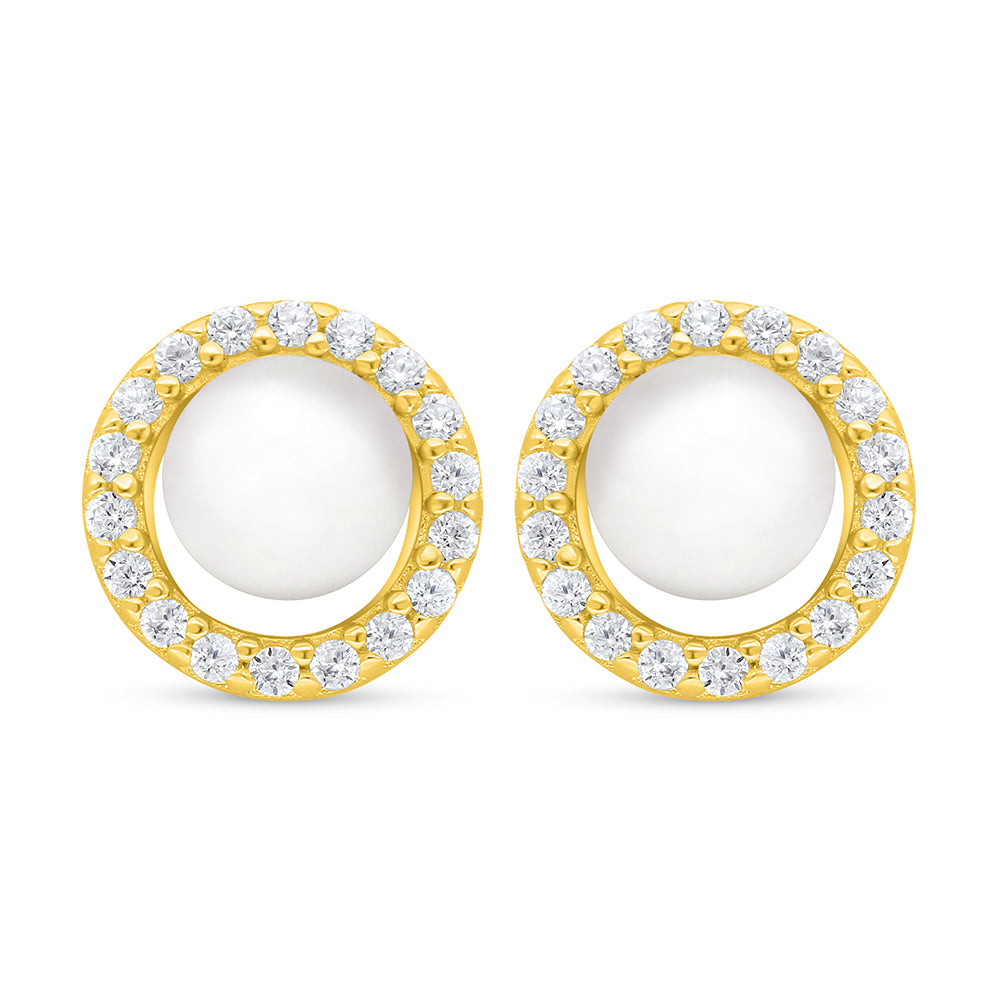 Sterling Silver 925 Earring Golden Plated Embedded With Natural White Pearl And White Zircon