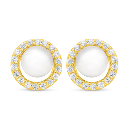 Sterling Silver 925 Earring Golden Plated Embedded With Natural White Pearl And White Zircon