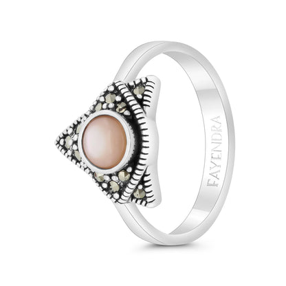 Sterling Silver 925 Ring Embedded With Natural Pink Shell And Marcasite Stones