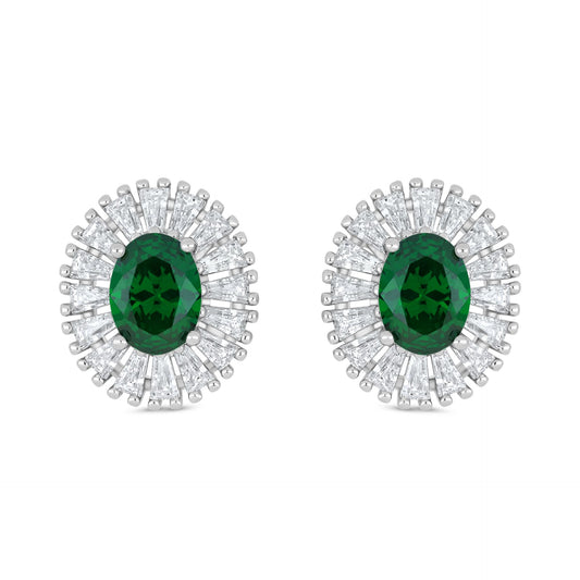 Sterling Silver 925 Earring Rhodium Plated Embedded With Emerald Zircon And White Zircon