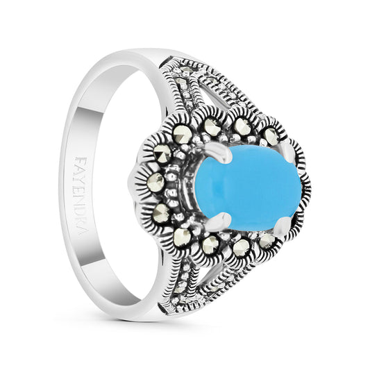 Sterling Silver 925 Ring Embedded With Natural Processed Turquoise And Marcasite Stones