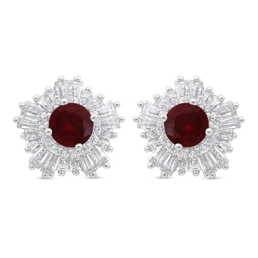 Sterling Silver 925 Earring Rhodium Plated Embedded With Ruby Corundum And White Zircon