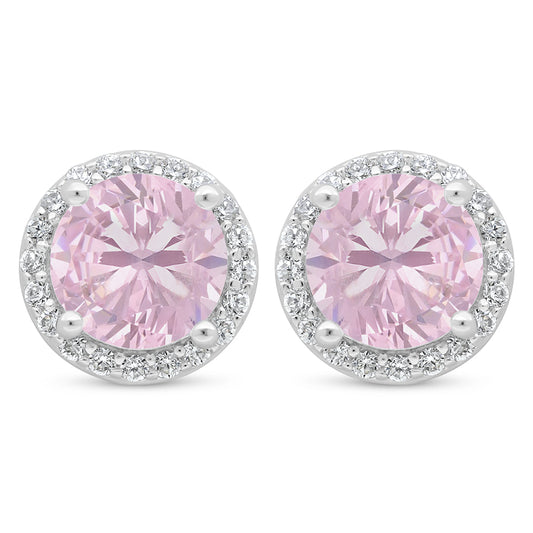 Sterling Silver 925 Earring Rhodium Plated Embedded With Pink Zircon And White Zircon