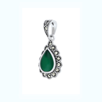Sterling Silver 925 Pendant Embedded With Natural Green Agate And Marcasite Stones