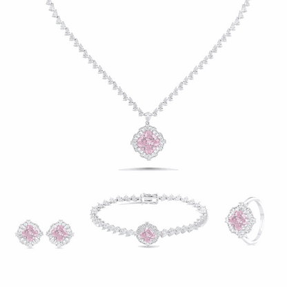 Sterling Silver 925 SET Rhodium Plated Embedded With pink  Zircon And White CZ