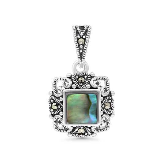 Sterling Silver 925 Pendant Embedded With Natural Blue Shell And Marcasite Stones