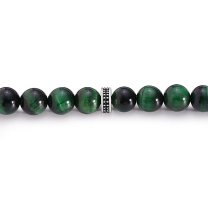 Green Tiger Eye Rosary 45 Round Bead 8 MM Whit Stainless Steel 316L Set (Silver & Black Plated)
