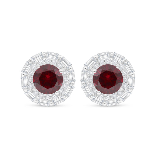 Sterling Silver 925 Earring Rhodium Plated Embedded With Ruby Corundum And White Zircon