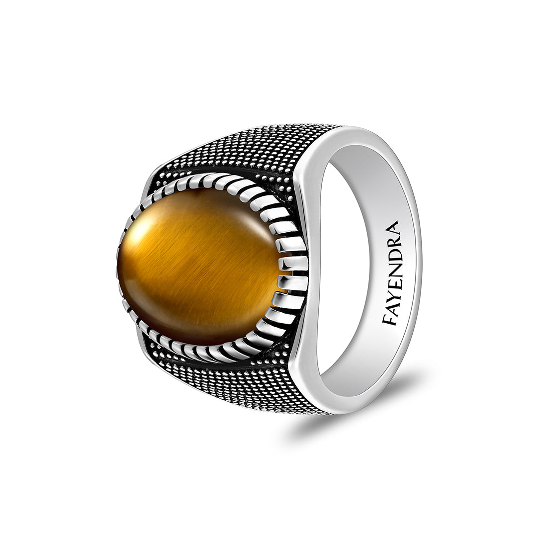 Sterling Silver 925 Ring Rhodium And Black Plated Embedded With Cabochon Yellow Tiger Eye For Men