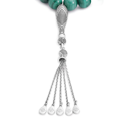 Rosary 33 Malachite Round Bead 12 mm With Oxidized Sterling Silver 925 Set LOGO
