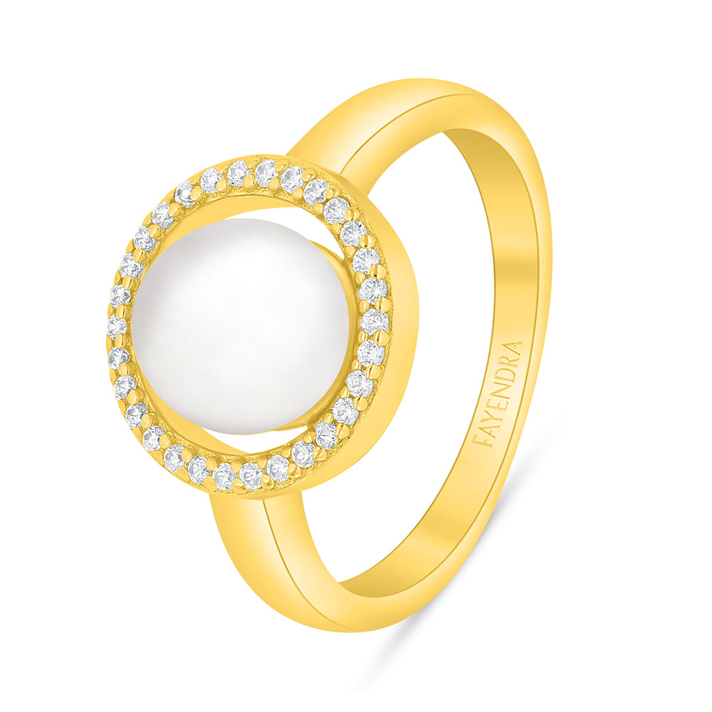 خاتم من الفضة الخالصة عيار 925 مطلي ذهبي مرصع لولو ابيض طبيعي و فص ابيض