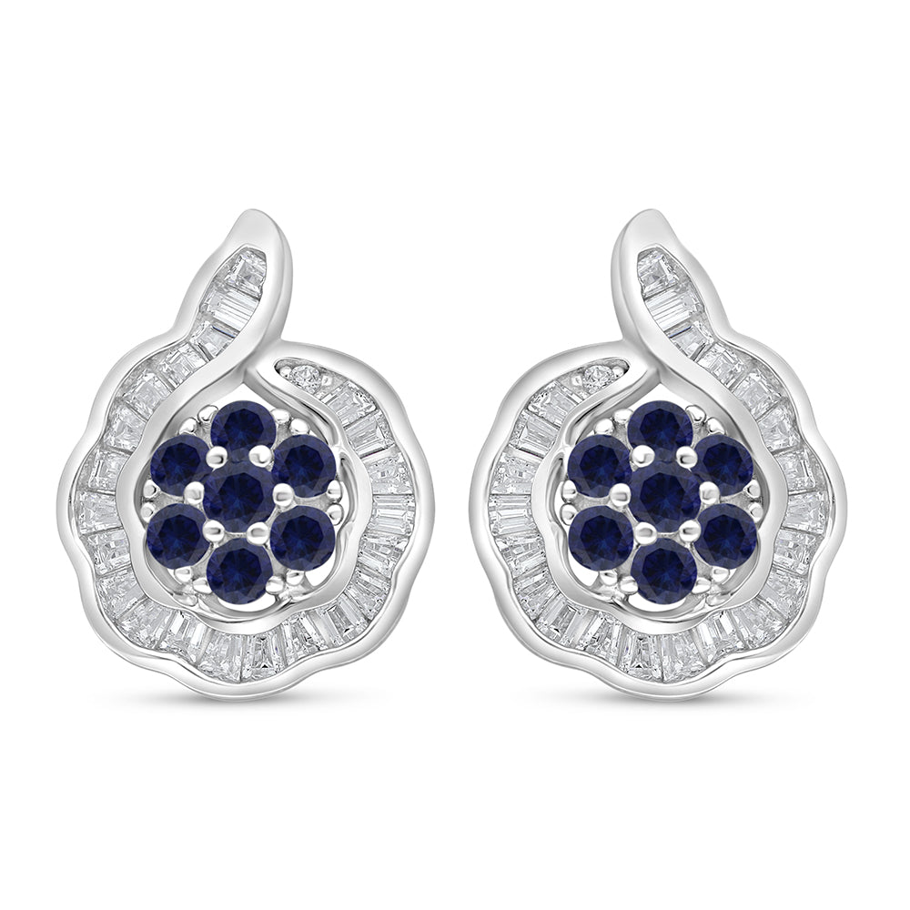 Sterling Silver 925 Earring Rhodium Plated Embedded With Sapphire Corundum And White Zircon