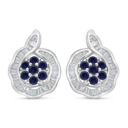 Sterling Silver 925 Earring Rhodium Plated Embedded With Sapphire Corundum And White Zircon