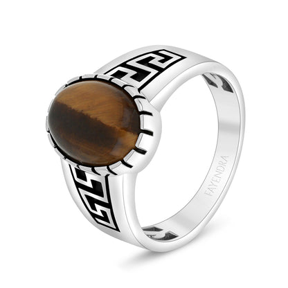 Sterling Silver 925 Ring Rhodium And Black Plated Embedded With Cabochon Yellow Tiger Eye For Men