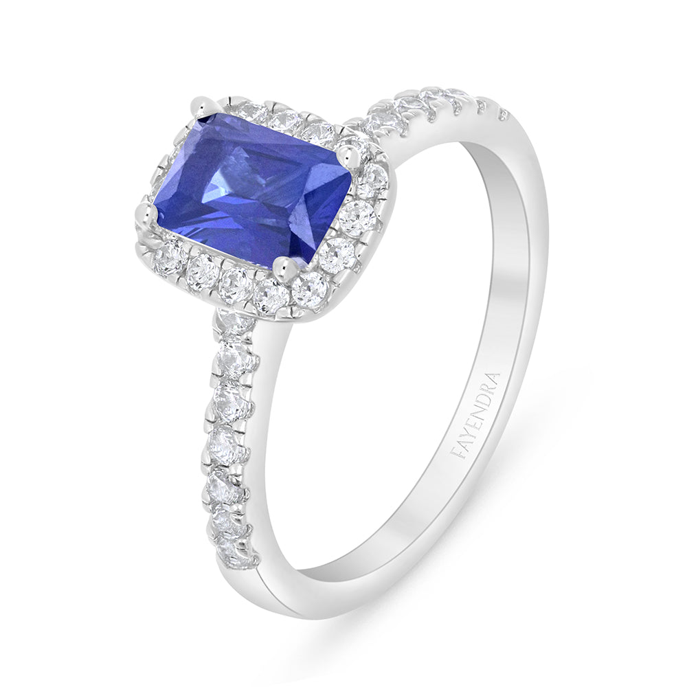 Sterling Silver 925 Ring Rhodium Plated Embedded With Sapphire Corundum And White Zircon