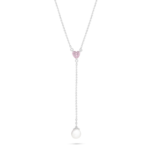 Sterling Silver 925 Necklace Rhodium Plated Embedded With Natural White Pearl And Pink Zircon