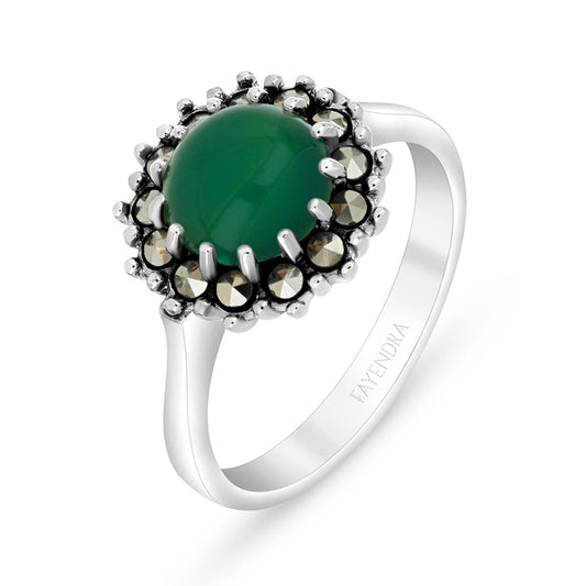 Sterling Silver 925 Ring Embedded With Natural Green Agate And Marcasite Stones