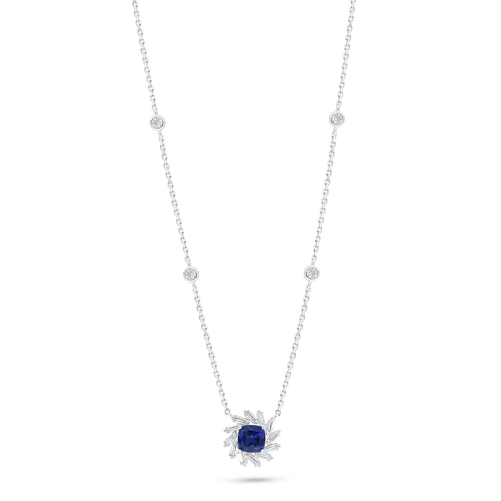 Sterling Silver 925 Necklace Rhodium Plated Embedded With Sapphire Corundum And White Zircon