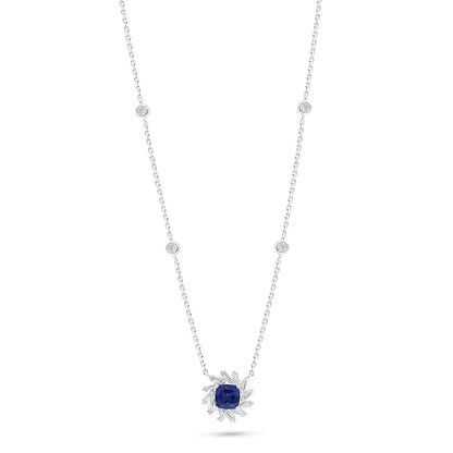 Sterling Silver 925 Necklace Rhodium Plated Embedded With Sapphire Corundum And White Zircon