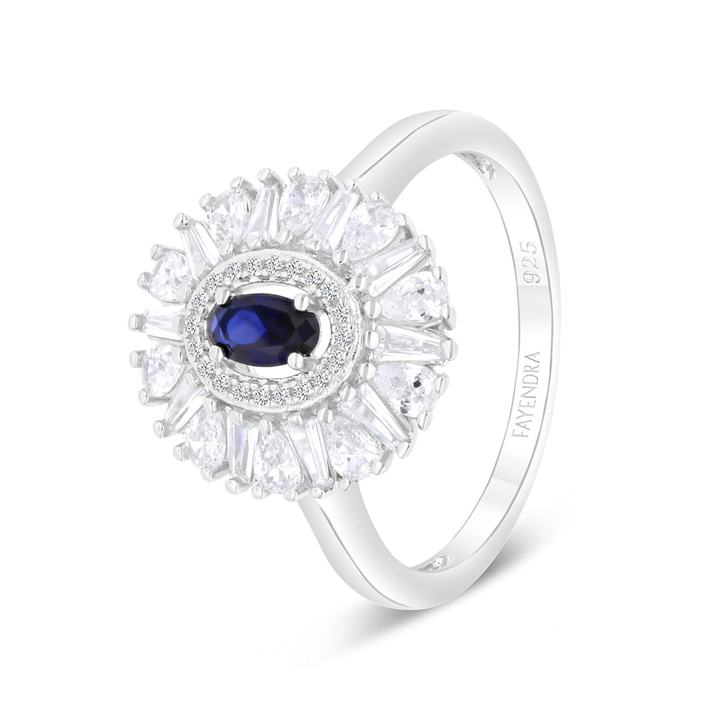 Sterling Silver 925 Ring Rhodium Plated Embedded With Sapphire Corundum And White Zircon