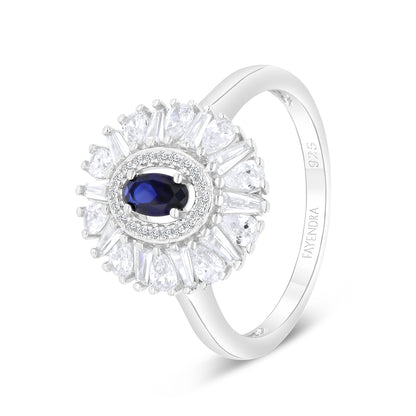 Sterling Silver 925 Ring Rhodium Plated Embedded With Sapphire Corundum And White Zircon