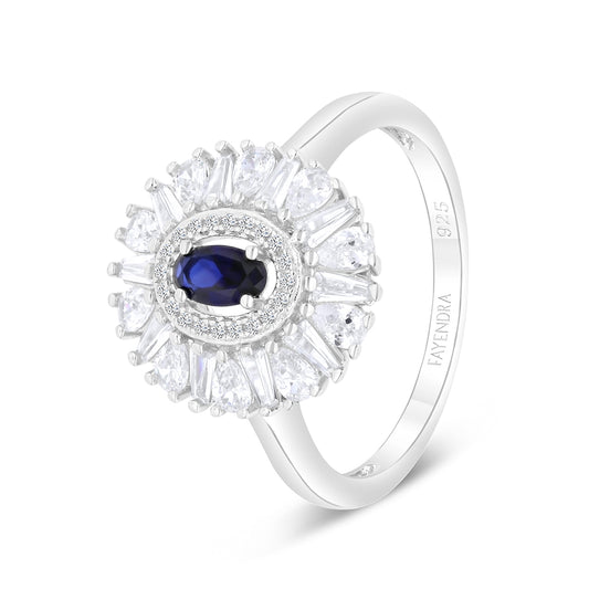 Sterling Silver 925 Ring Rhodium Plated Embedded With Sapphire Corundum And White Zircon
