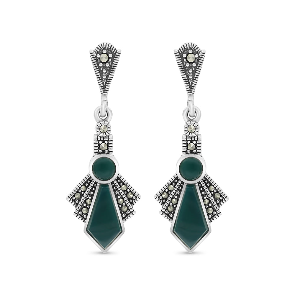Sterling Silver 925 Earring Embedded With Natural Green Agate And Marcasite Stones