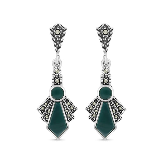 Sterling Silver 925 Earring Embedded With Natural Green Agate And Marcasite Stones