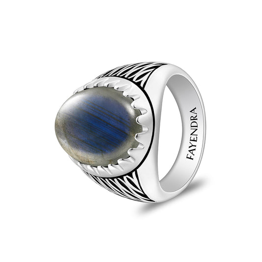 Sterling Silver 925 Ring Rhodium And Black Plated Embedded With Cabochon Labradorite For Men