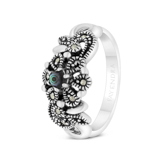 Sterling Silver 925 Ring Embedded With Natural Blue Shell And Marcasite Stones