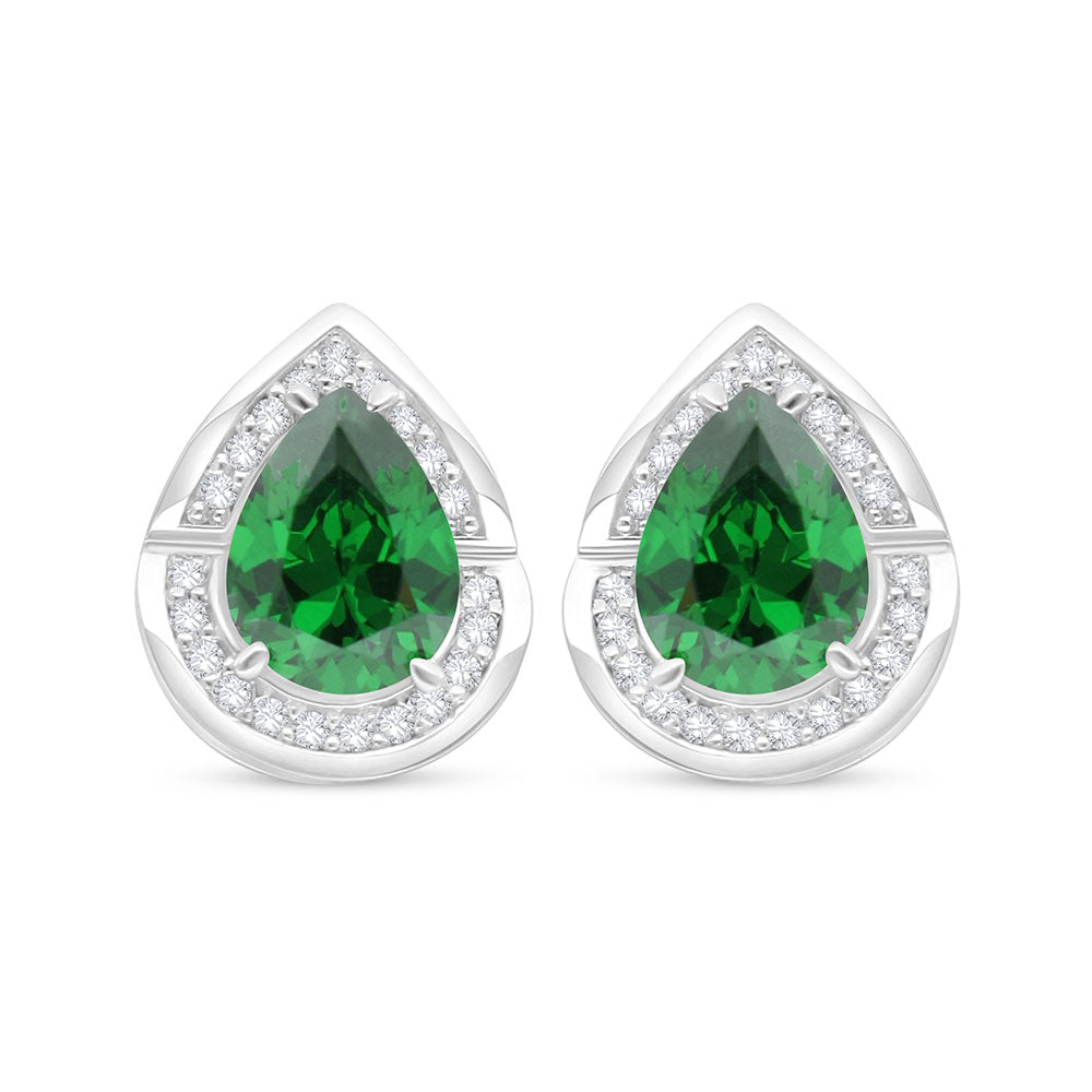 Sterling Silver 925 Earring Rhodium Plated Embedded With Emerald Zircon And White Zircon