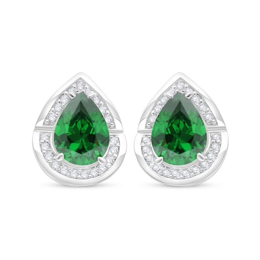 Sterling Silver 925 Earring Rhodium Plated Embedded With Emerald Zircon And White Zircon