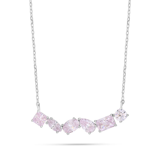 Sterling Silver 925 Necklace Rhodium Plated Embedded With Pink Zircon And White Zircon