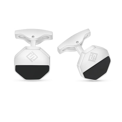 Stainless Steel Cufflink 316L Embedded With Black Agate Shiny Steel