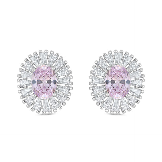 Sterling Silver 925 Earring Rhodium Plated Embedded With Pink Zircon And White Zircon