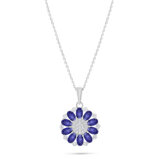 Sterling Silver 925 Necklace Rhodium Plated Embedded With Sapphire Corundum And White Zircon