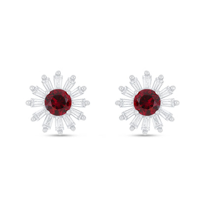 Sterling Silver 925 Earring Rhodium Plated Embedded With Ruby Corundum And White Zircon